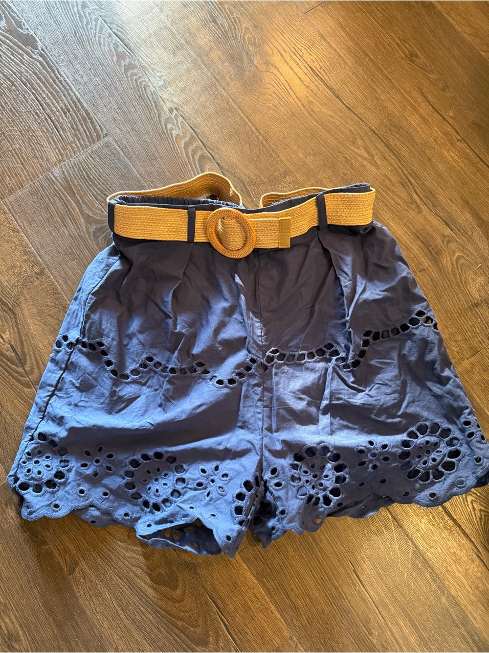 Navy Eyelet Paperbag Waist Shorts with Rattan Belt NWT